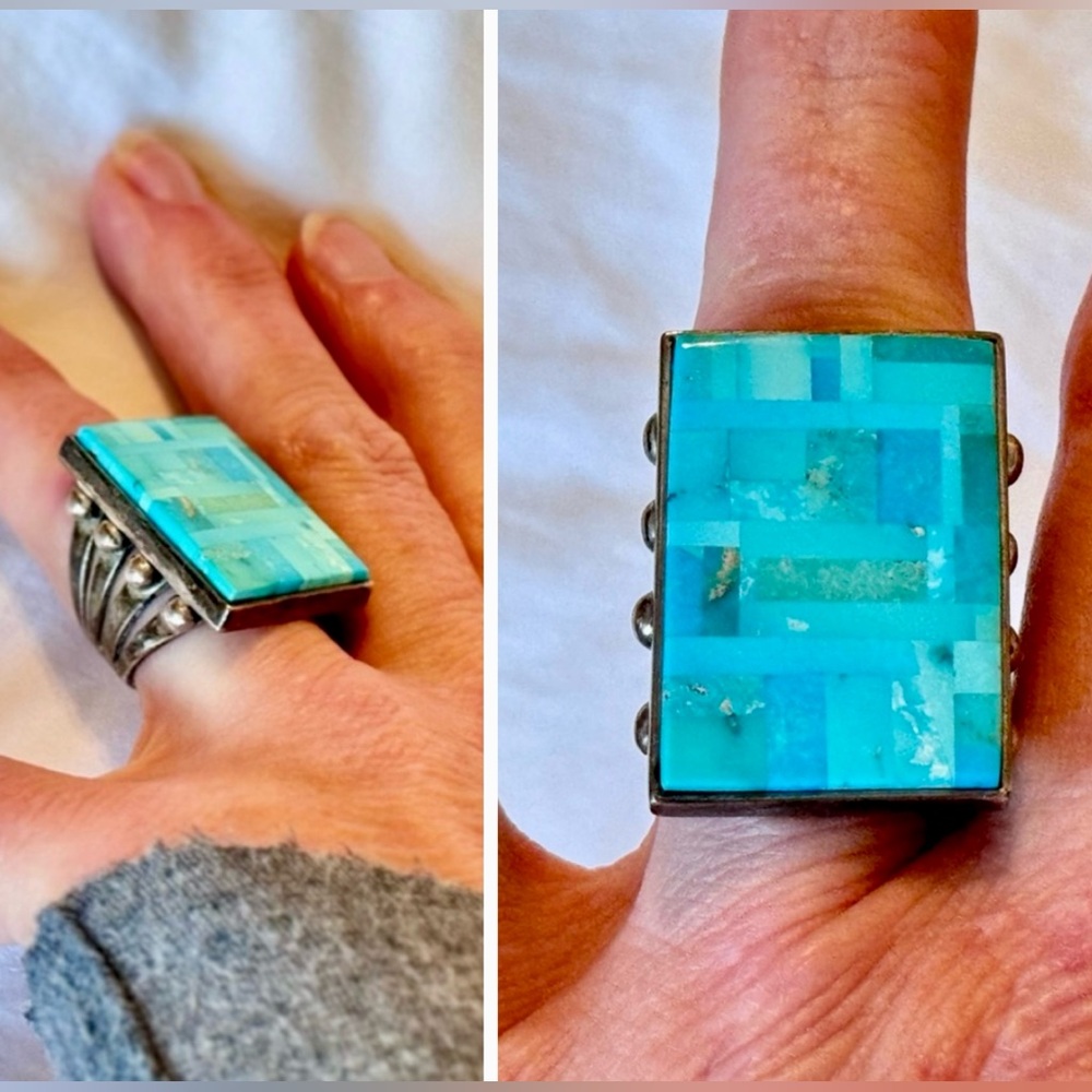 Signed BRYON YELLOWHORSE Sterling Silver Turquoise Statement Ring
